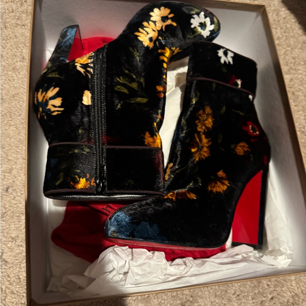 Floral Velvet Ankle Boots with Red Soles